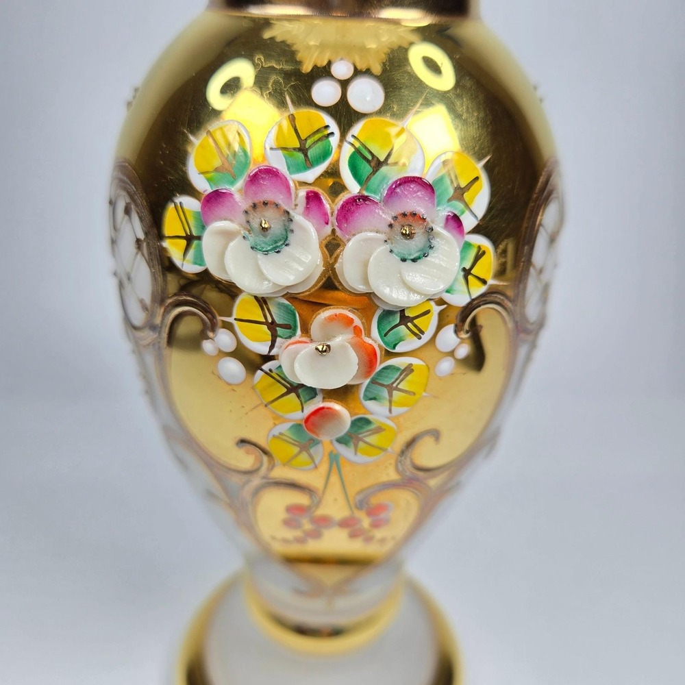 Vintage Bohemian Czech Gold Gilt Raised Enamel Hand-painted Vase Urn Ruffled 10" - Picture 6 of 11